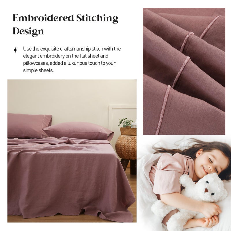 Simple&Opulence 100% Pure Linen Sheet Set King Size, Natural French Flax Solid Color 4 Pcs Washed Breathable, Farmhouse Bedding (1 Flat Sheet,1 Fitted Sheet,2 Pillowcases)-Embroidery Purple - Image 4